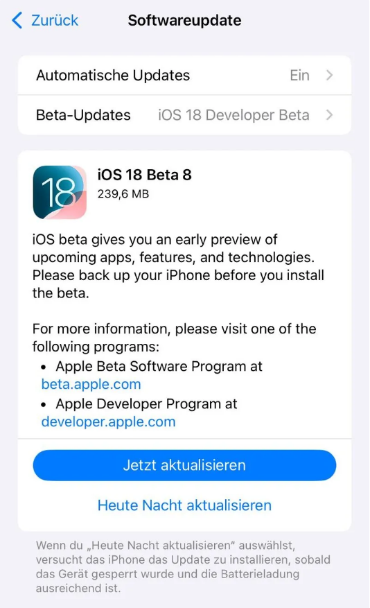 曹县苹果手机维修分享苹果 iOS / iPadOS 18 开发者预览版 Beta 8 发布 